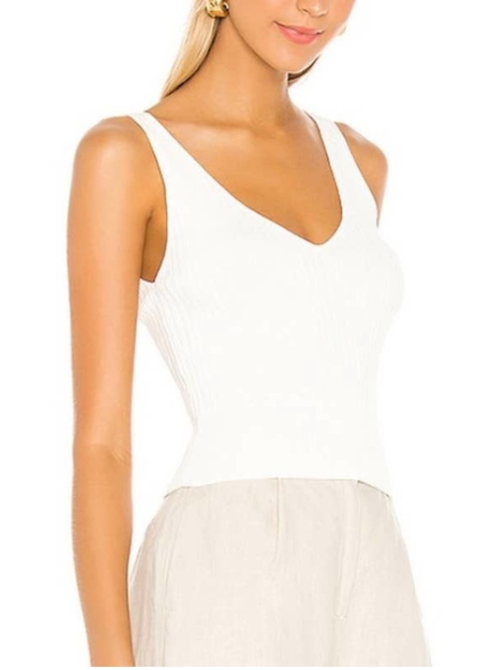 Line and Dot Lynn Cream Ribbed V-Neck Tank Top Classic Minimalist Capsule M